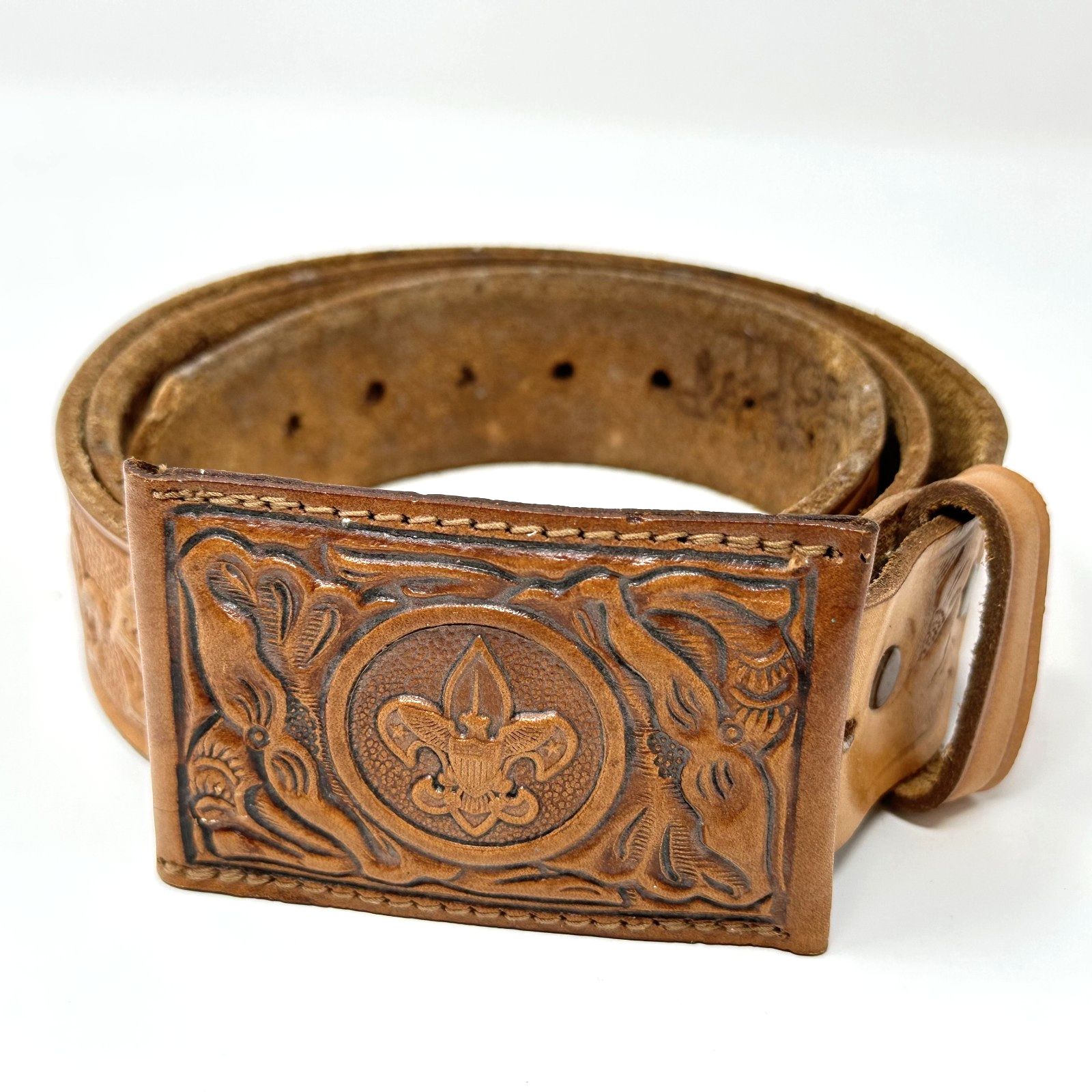 Webelos Boy Scouts Brown Tooled Leather Belt W Hidden Money Buckle Size 38 *Read